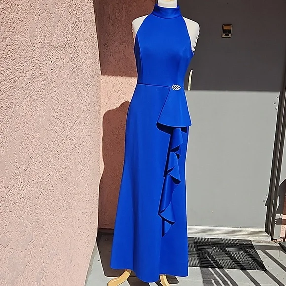 chinese dress ladies Eleonora Maxi Dress - Sapphire Blue Satin Thigh Slit main image 0